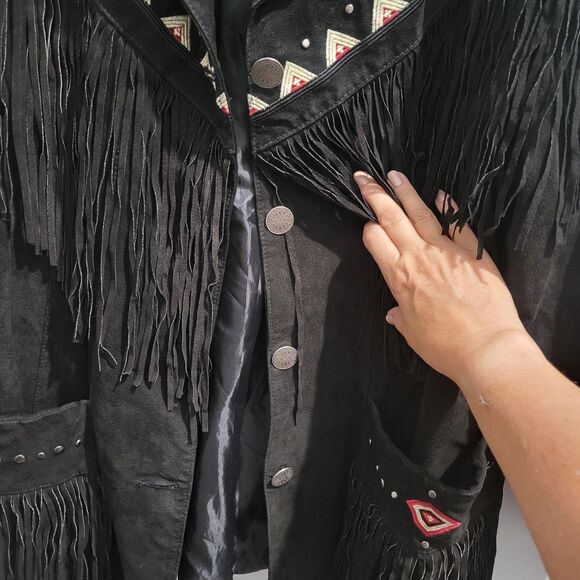 Black Western Suede Leather Fringe Jacket Embroidered Roamans Womens  Sz 18W - Picture 13 of 14